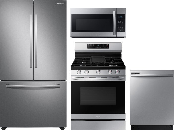 Samsung 4 Piece Kitchen Appliances Package with French Door Refrigerator, Gas Range, Dishwasher and Over the Range Microwave in Stainless Steel SARERA