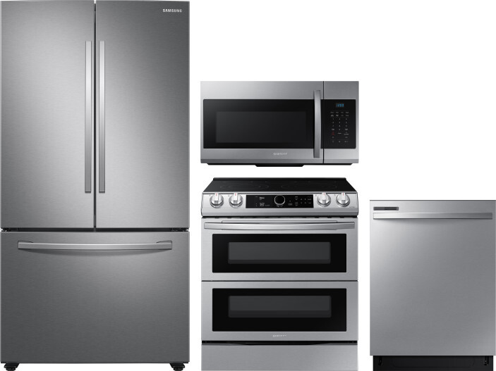 Samsung 4 Piece Kitchen Appliances Package with French Door Refrigerator, Electric Range, Dishwasher and Over the Range Microwave in Stainless Steel S