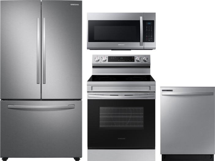 Samsung 4 Piece Kitchen Appliances Package with French Door Refrigerator, Electric Range, Dishwasher and Over the Range Microwave in Stainless Steel S