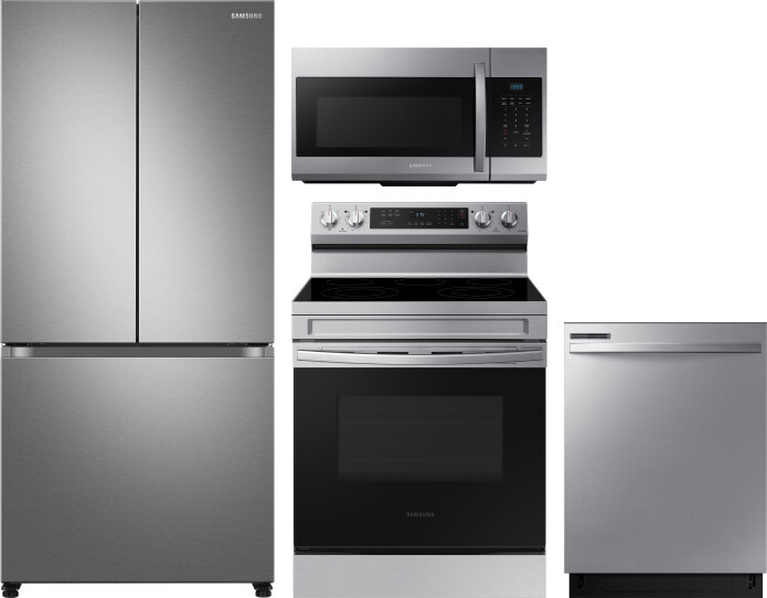 Samsung 4 Piece Kitchen Appliances Package with French Door Refrigerator, Electric Range, Dishwasher and Over the Range Microwave in Stainless Steel S