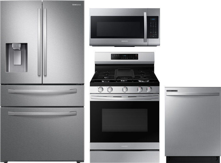 Samsung 4 Piece Kitchen Appliances Package with French Door Refrigerator, Gas Range, Dishwasher and Over the Range Microwave in Stainless Steel SARERA