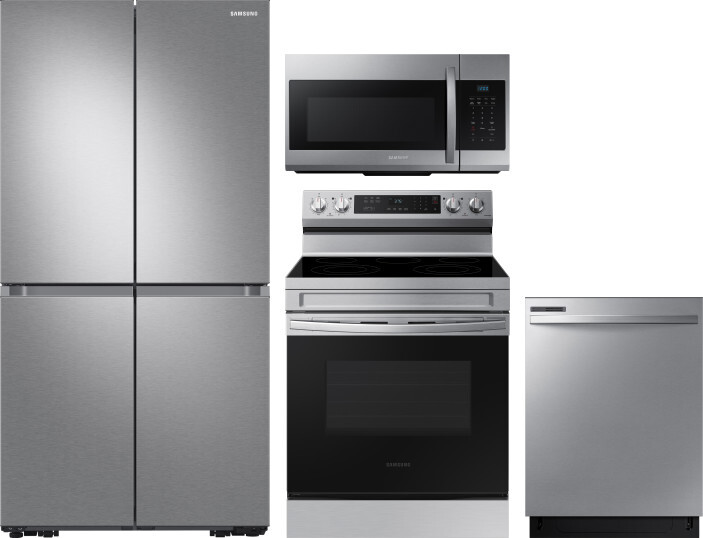 Samsung 4 Piece Kitchen Appliances Package with French Door Refrigerator, Electric Range, Dishwasher and Over the Range Microwave in Stainless Steel S