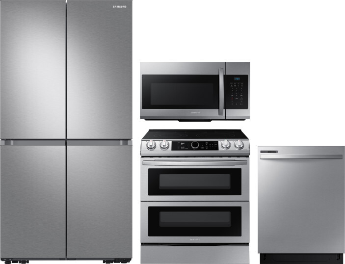 Samsung 4 Piece Kitchen Appliances Package with French Door Refrigerator, Electric Range, Dishwasher and Over the Range Microwave in Stainless Steel S