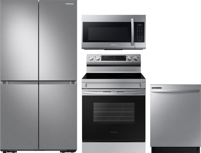 Samsung 4 Piece Kitchen Appliances Package with French Door Refrigerator, Electric Range, Dishwasher and Over the Range Microwave in Stainless Steel S