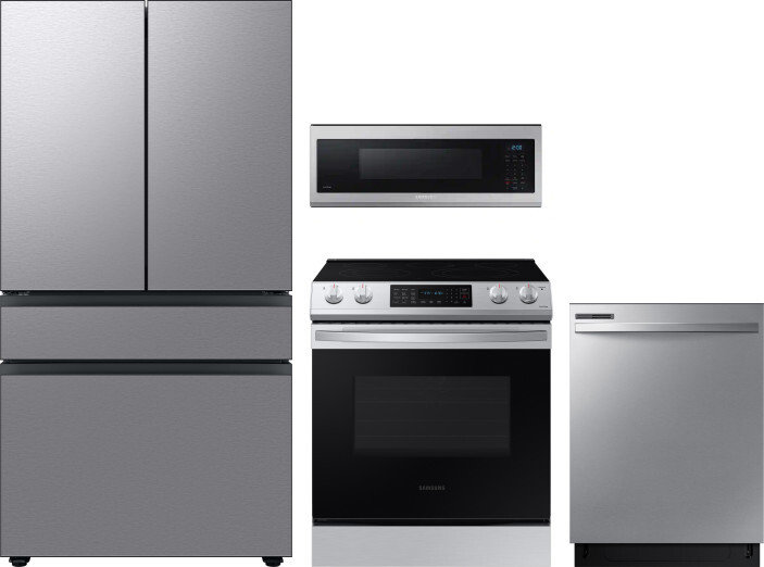 Samsung 4 Piece Kitchen Appliances Package with French Door Refrigerator, Electric Range, Dishwasher and Over the Range Microwave in Stainless Steel S