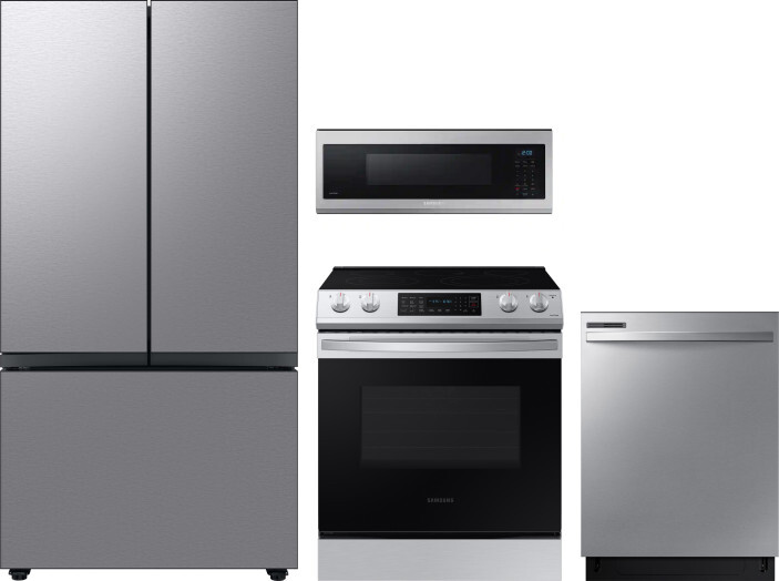 Samsung 4 Piece Kitchen Appliances Package with French Door Refrigerator, Electric Range, Dishwasher and Over the Range Microwave in Stainless Steel S