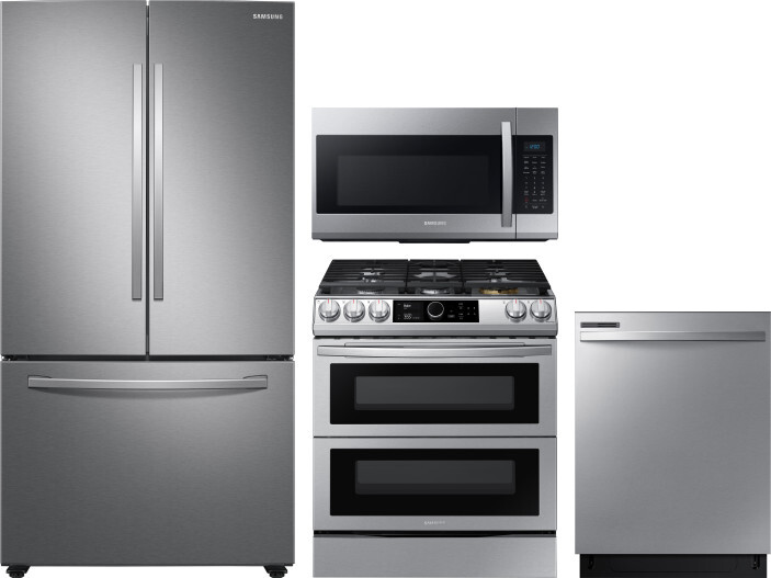 Samsung 4 Piece Kitchen Appliances Package with French Door Refrigerator, Gas Range, Dishwasher and Over the Range Microwave in Stainless Steel SARERA