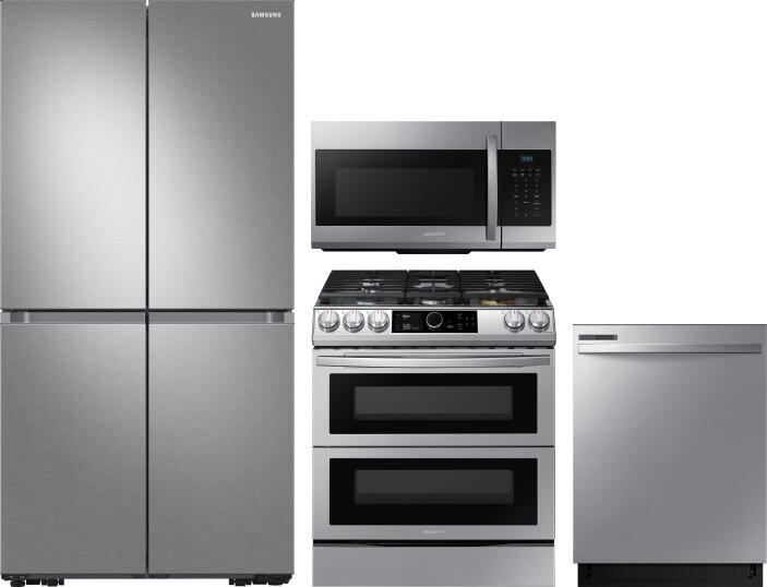 Samsung 4 Piece Kitchen Appliances Package with French Door Refrigerator, Gas Range, Dishwasher and Over the Range Microwave in Stainless Steel SARERA