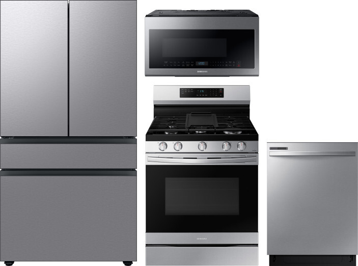 Samsung 4 Piece Kitchen Appliances Package with French Door Refrigerator, Gas Range, Dishwasher and Over the Range Microwave in Stainless Steel SARERA