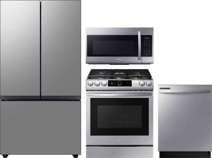 Samsung 4 Piece Kitchen Appliances Package with French Door Refrigerator, Gas Range, Dishwasher and Over the Range Microwave in Stainless Steel SARERA