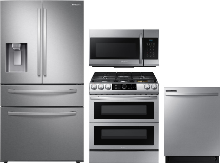 Samsung 4 Piece Kitchen Appliances Package with French Door Refrigerator, Dual Fuel Range, Dishwasher and Over the Range Microwave in Stainless Steel 