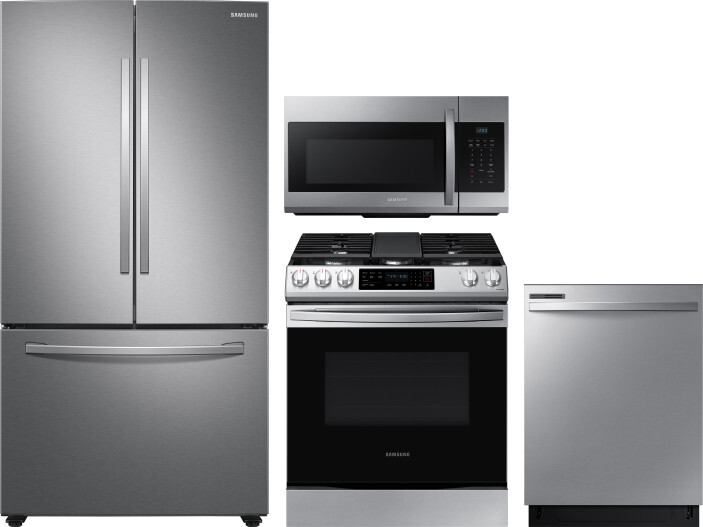 Samsung 4 Piece Kitchen Appliances Package with French Door Refrigerator, Gas Range, Dishwasher and Over the Range Microwave in Stainless Steel SARERA