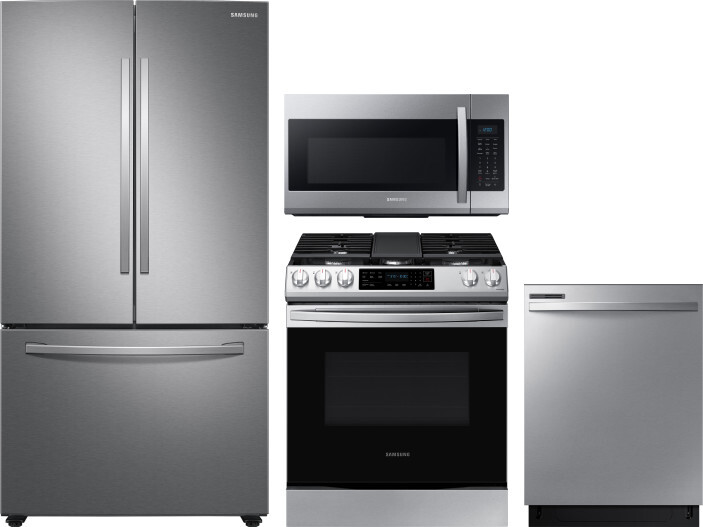 Samsung 4 Piece Kitchen Appliances Package with French Door Refrigerator, Gas Range, Dishwasher and Over the Range Microwave in Stainless Steel SARERA