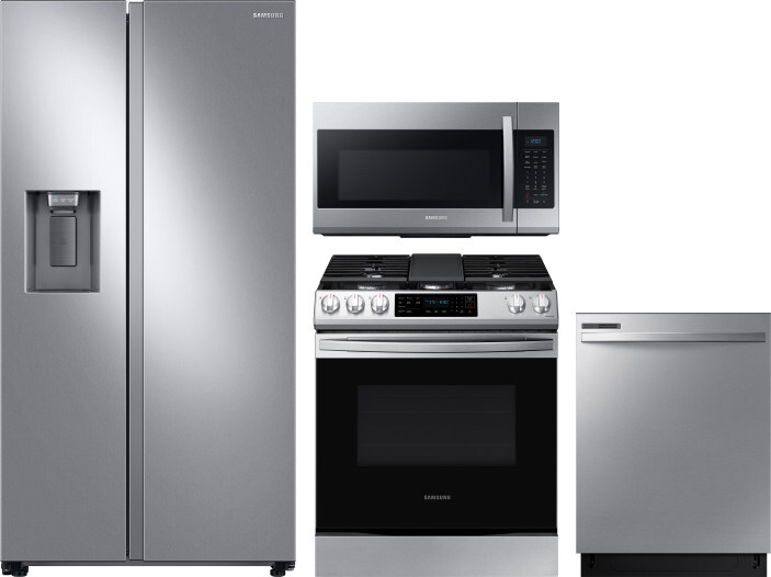 Samsung 4 Piece Kitchen Appliances Package with Side-by-Side Refrigerator, Gas Range, Dishwasher and Over the Range Microwave in Stainless Steel SARER