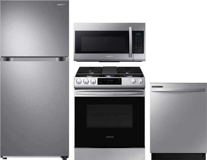 Samsung 4 Piece Kitchen Appliances Package with Top Freezer Refrigerator, Gas Range, Dishwasher and Over the Range Microwave in Stainless Steel SARERA