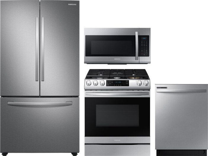 Samsung 4 Piece Kitchen Appliances Package with French Door Refrigerator, Gas Range, Dishwasher and Over the Range Microwave in Stainless Steel SARERA