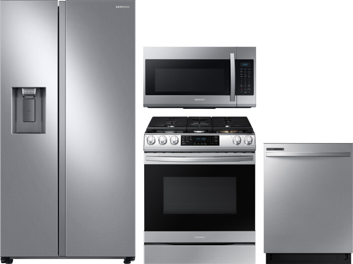 Samsung 4 Piece Kitchen Appliances Package with Side-by-Side Refrigerator, Gas Range, Dishwasher and Over the Range Microwave in Stainless Steel SARER