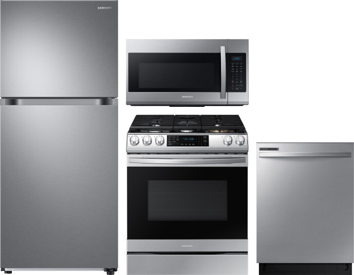 Samsung 4 Piece Kitchen Appliances Package with Top Freezer Refrigerator, Gas Range, Dishwasher and Over the Range Microwave in Stainless Steel SARERA