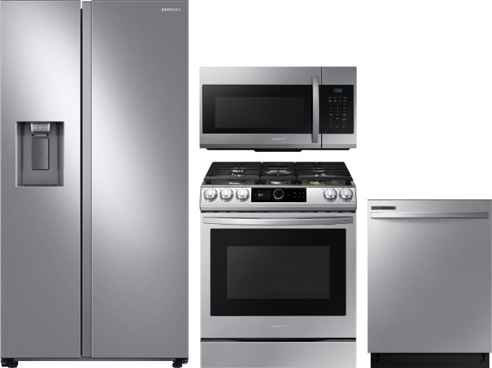 Samsung 4 Piece Kitchen Appliances Package with Side-by-Side Refrigerator, Gas Range, Dishwasher and Over the Range Microwave in Stainless Steel SARER