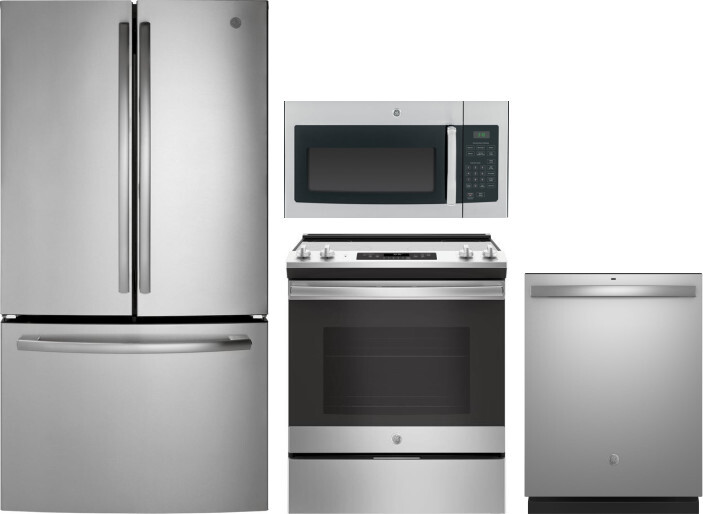GE 4 Piece Kitchen Appliances Package with French Door Refrigerator, Electric Range, Dishwasher and Over the Range Microwave in Stainless Steel GERERA