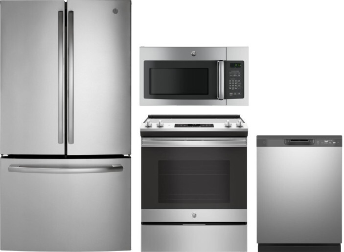 GE 4 Piece Kitchen Appliances Package with French Door Refrigerator, Electric Range, Dishwasher and Over the Range Microwave in Stainless Steel GERERA