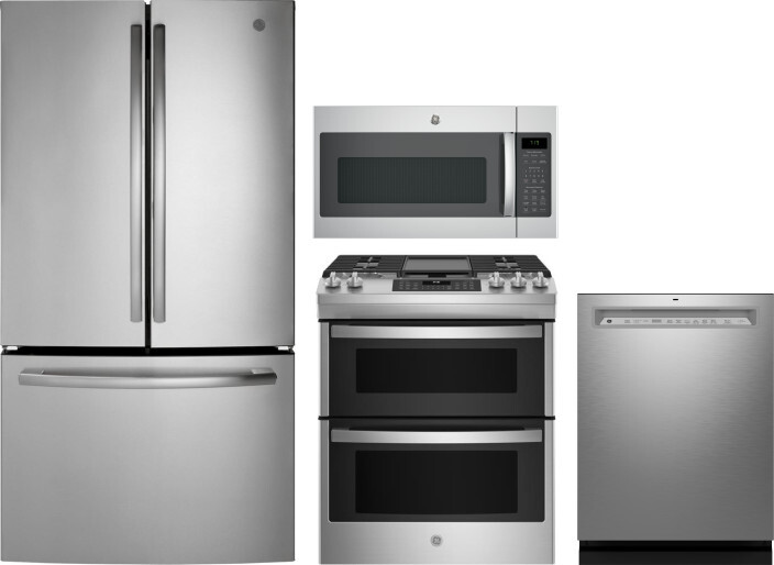 GE 4 Piece Kitchen Appliances Package with French Door Refrigerator, Gas Range, Dishwasher and Over the Range Microwave in Stainless Steel GERERADWMW1