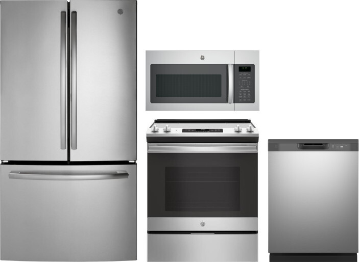 GE 4 Piece Kitchen Appliances Package with French Door Refrigerator, Electric Range, Dishwasher and Over the Range Microwave in Stainless Steel GERERA
