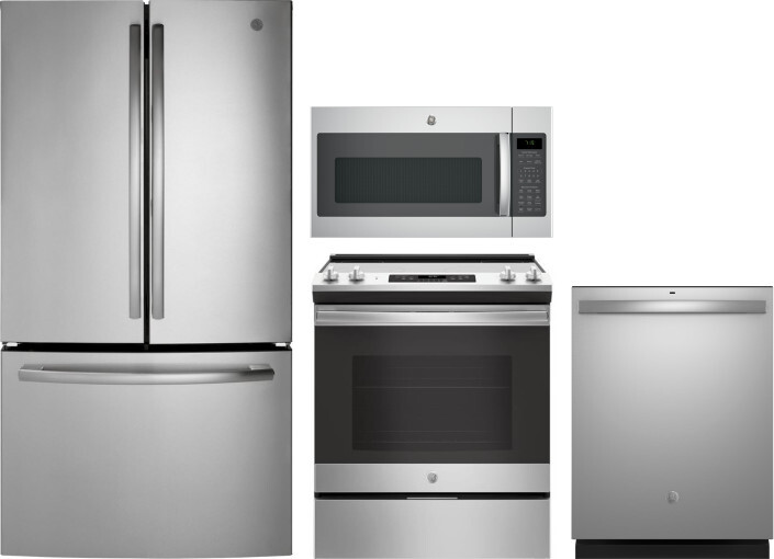 GE 4 Piece Kitchen Appliances Package with French Door Refrigerator, Electric Range, Dishwasher and Over the Range Microwave in Stainless Steel GERERA