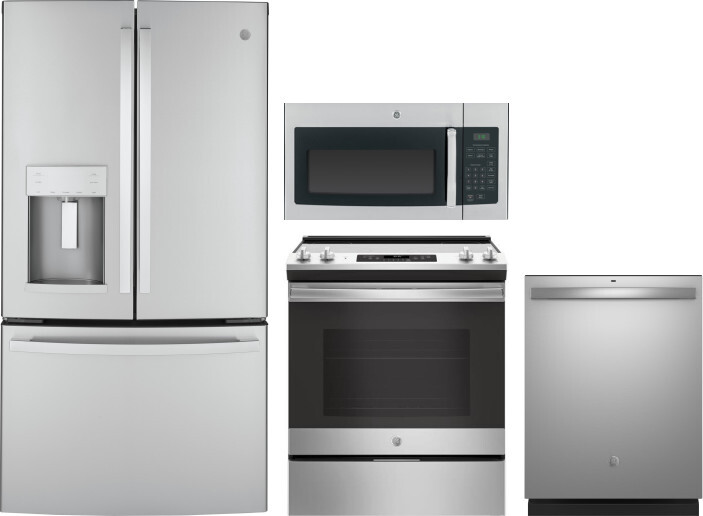 GE 4 Piece Kitchen Appliances Package with French Door Refrigerator, Electric Range, Dishwasher and Over the Range Microwave in Stainless Steel GERERA