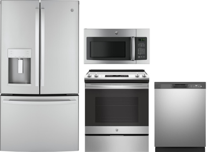 GE 4 Piece Kitchen Appliances Package with French Door Refrigerator, Electric Range, Dishwasher and Over the Range Microwave in Stainless Steel GERERA
