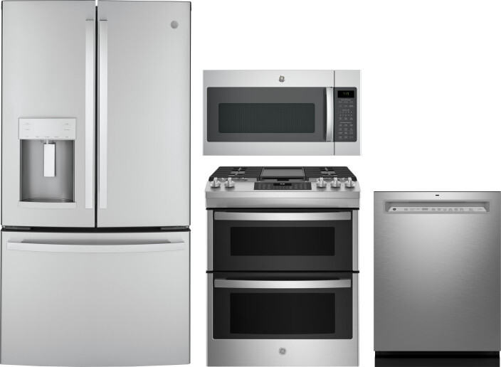 GE 4 Piece Kitchen Appliances Package with French Door Refrigerator, Gas Range, Dishwasher and Over the Range Microwave in Stainless Steel GERERADWMW1