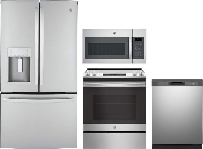GE 4 Piece Kitchen Appliances Package with French Door Refrigerator, Electric Range, Dishwasher and Over the Range Microwave in Stainless Steel GERERA