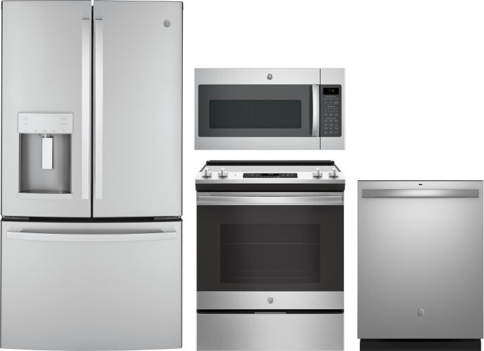 GE 4 Piece Kitchen Appliances Package with French Door Refrigerator, Electric Range, Dishwasher and Over the Range Microwave in Stainless Steel GERERA