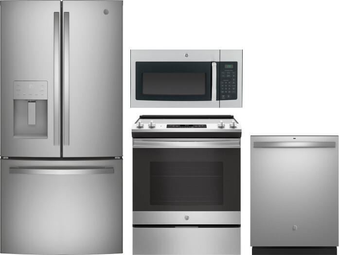 GE 4 Piece Kitchen Appliances Package with French Door Refrigerator, Electric Range, Dishwasher and Over the Range Microwave in Stainless Steel GERERA