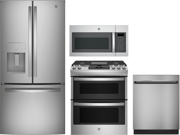 GE 4 Piece Kitchen Appliances Package with French Door Refrigerator, Gas Range, Dishwasher and Over the Range Microwave in Stainless Steel GERERADWMW1