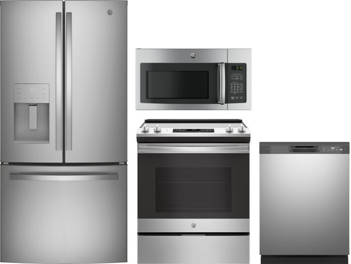 GE 4 Piece Kitchen Appliances Package with French Door Refrigerator, Electric Range, Dishwasher and Over the Range Microwave in Stainless Steel GERERA