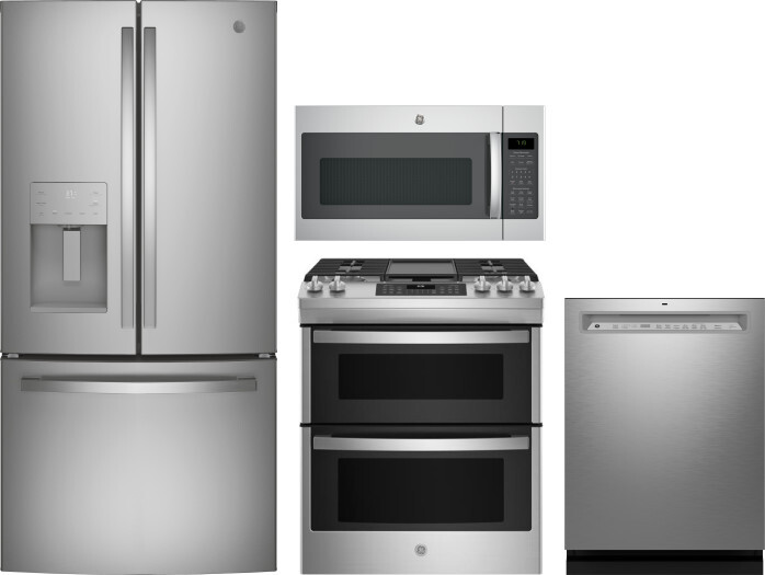 GE 4 Piece Kitchen Appliances Package with French Door Refrigerator, Gas Range, Dishwasher and Over the Range Microwave in Stainless Steel GERERADWMW1