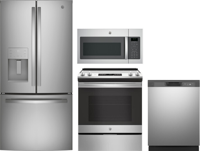 GE 4 Piece Kitchen Appliances Package with French Door Refrigerator, Electric Range, Dishwasher and Over the Range Microwave in Stainless Steel GERERA