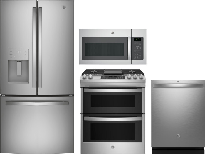 GE 4 Piece Kitchen Appliances Package with French Door Refrigerator, Gas Range, Dishwasher and Over the Range Microwave in Stainless Steel GERERADWMW1