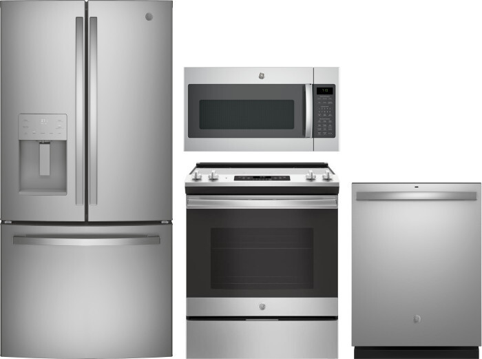 GE 4 Piece Kitchen Appliances Package with French Door Refrigerator, Electric Range, Dishwasher and Over the Range Microwave in Stainless Steel GERERA