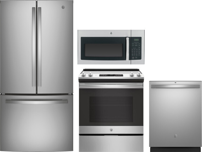 GE 4 Piece Kitchen Appliances Package with French Door Refrigerator, Electric Range, Dishwasher and Over the Range Microwave in Stainless Steel GERERA