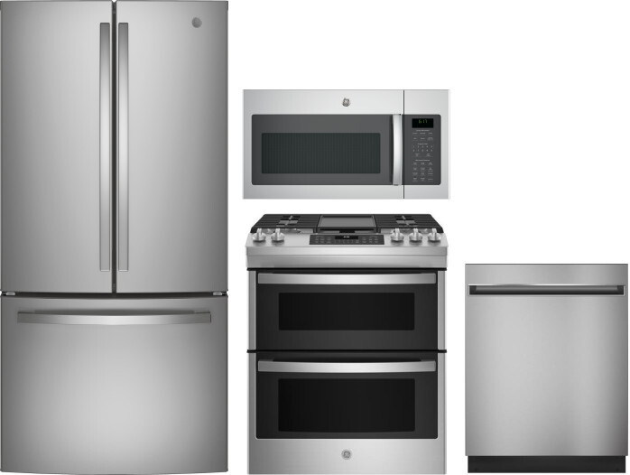 GE 4 Piece Kitchen Appliances Package with French Door Refrigerator, Gas Range, Dishwasher and Over the Range Microwave in Stainless Steel GERERADWMW1