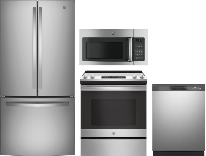 GE 4 Piece Kitchen Appliances Package with French Door Refrigerator, Electric Range, Dishwasher and Over the Range Microwave in Stainless Steel GERERA