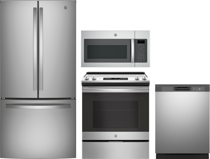 GE 4 Piece Kitchen Appliances Package with French Door Refrigerator, Electric Range, Dishwasher and Over the Range Microwave in Stainless Steel GERERA