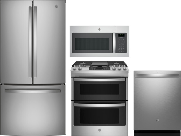 GE 4 Piece Kitchen Appliances Package with French Door Refrigerator, Gas Range, Dishwasher and Over the Range Microwave in Stainless Steel GERERADWMW1