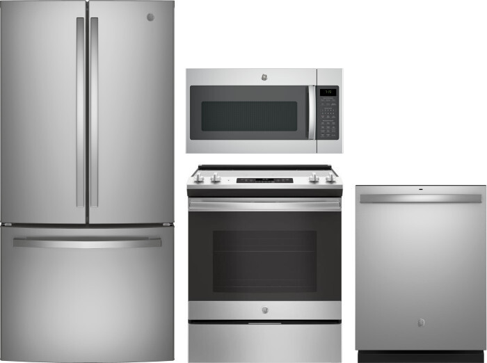 GE 4 Piece Kitchen Appliances Package with French Door Refrigerator, Electric Range, Dishwasher and Over the Range Microwave in Stainless Steel GERERA