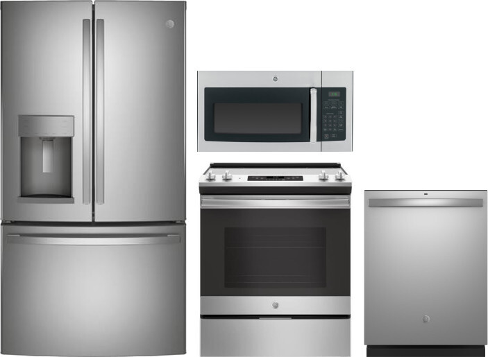 GE 4 Piece Kitchen Appliances Package with French Door Refrigerator, Electric Range, Dishwasher and Over the Range Microwave in Stainless Steel GERERA