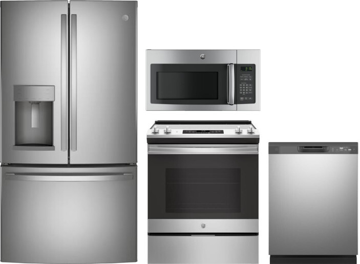 GE 4 Piece Kitchen Appliances Package with French Door Refrigerator, Electric Range, Dishwasher and Over the Range Microwave in Stainless Steel GERERA