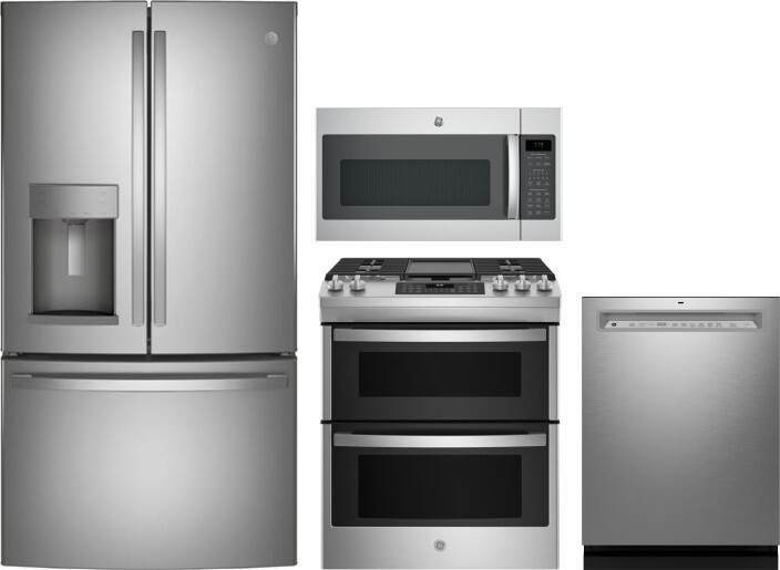 GE 4 Piece Kitchen Appliances Package with French Door Refrigerator, Gas Range, Dishwasher and Over the Range Microwave in Stainless Steel GERERADWMW1