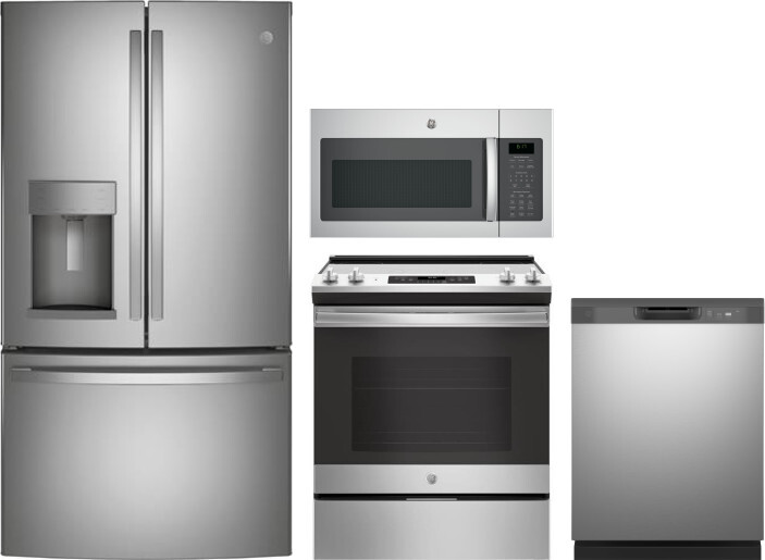 GE 4 Piece Kitchen Appliances Package with French Door Refrigerator, Electric Range, Dishwasher and Over the Range Microwave in Stainless Steel GERERA